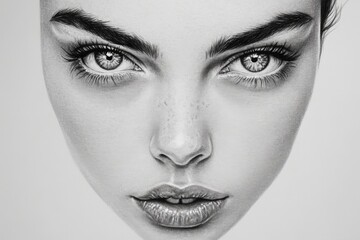 Poster - Detailed pencil sketch of a young woman's face capturing striking features and unique expressions