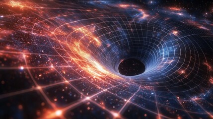 Poster - Gravitational singularity with warped spacetime featuring a visual representation of a wormhole's distortion of space and time Cosmic abyss concept