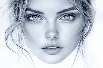 Poster - Detailed portrait of a young woman with captivating eyes and soft features in pencil sketch style