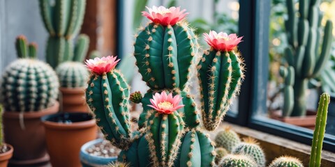 Poster - Cacti with pink flowers growing indoors in a bright window with various other cacti in pots in the background.