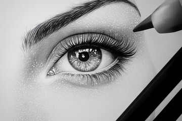 Poster - Realistic eye drawing process with detailed pencil shading in black and white