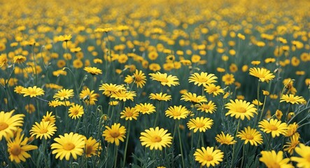 Wall Mural - Field of vibrant yellow flowers with green stems under natural light. Floral landscape with depth and texture in bloom during daytime.