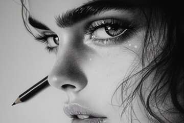 Poster - Detailed pencil sketch highlighting a woman's captivating eyes with expressive features in monochrome shades