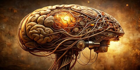 Poster - Vintage Photo: Mechanical Brain with Wires & Connectors - Steampunk Neurology