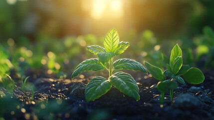 Wall Mural - young plant sprouting in the morning light, representing growth and environmental care on the ground