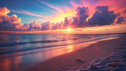 Poster - Colorful sunset over calm ocean waves with clouds reflected on the water at a sandy beach shoreline.
