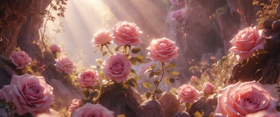 Canvas Print - Pink roses in a lush garden illuminated by soft rays of sunlight with a warm and inviting atmosphere.