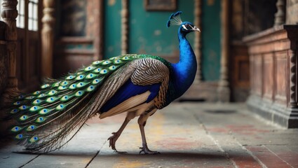 Poster - Peacock standing on the floor of an ornate interior space with colorful feathers displayed in natural light