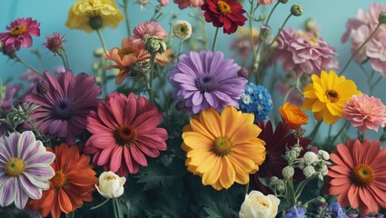 Canvas Print - Colorful bouquet of assorted flowers including daisies, roses, and more with vibrant petals against a soft blue background