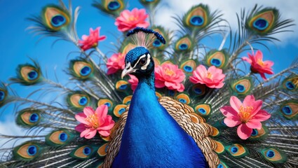 Poster - Vibrant peacock with colorful plumage displaying feathers surrounded by pink lotus flowers against a blue sky backdrop