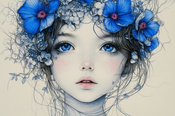Poster - Portrait of a girl with bright blue flowers in her hair and striking blue eyes in a delicate artistic style