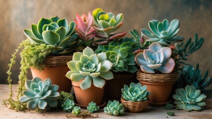 Poster - Various succulents of different shapes and colors displayed in terracotta pots with moss on a textured background