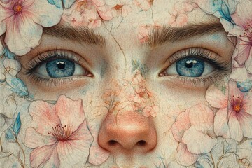 Poster - Portrait of a young woman with blue eyes surrounded by delicate floral patterns in a close-up view