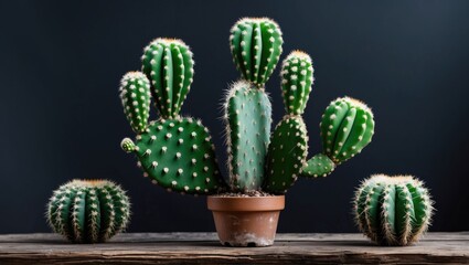 Wall Mural - Cactus arrangement in a clay pot with multiple green cacti and a dark background on wooden table surface