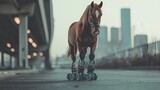 A horse wearing roller skates, trying to balance on a city sidewalk, ultimate absurdity.