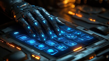 Poster - Futuristic robotic hand interacting with a glowing touchscreen interface in a high-tech environment