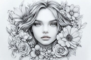 Poster - Intricate pencil drawing of a young woman surrounded by blooming flowers and detailed foliage