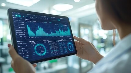 Poster - Person analyzing data on a tablet in a modern workspace with graphs and metrics displayed prominently