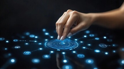 Poster - Hand interacting with glowing digital interface displaying interconnected symbols in a dark space