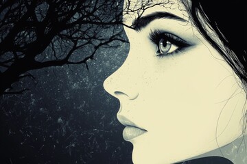Poster - Intriguing profile of a woman amid a mystical forest at twilight, showcasing elegance and an air of mystery