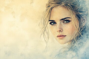 Poster - Portrait of a young woman with striking eyes and a serene expression against a soft, dreamy background