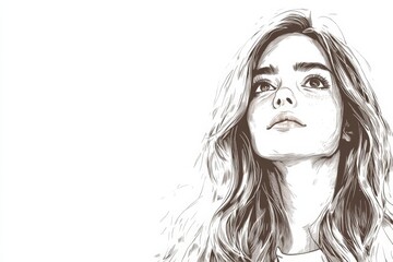 Poster - Young woman with flowing hair gazing thoughtfully towards the sky in a minimalist style