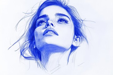 Poster - Stunning blue sketch of a woman gazing upwards with flowing hair and expressive features