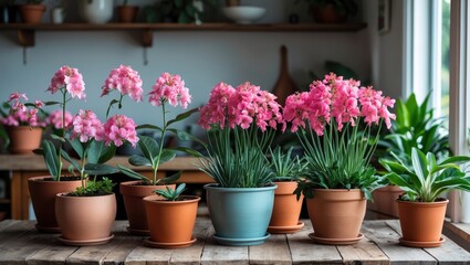 Poster - various indoor flowering plants in pots on wooden table with natural light and green leaves in background