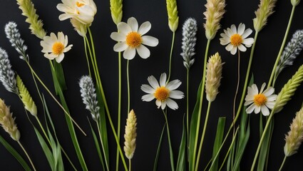 Poster - floral arrangement with white daisies and green wheat on a dark background for decorative and design