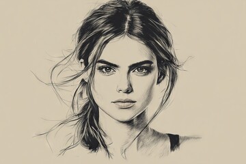 Poster - Portrait of a young woman with flowing hair and striking features captured in a detailed artistic style