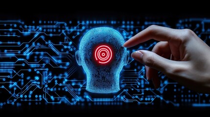 Poster - Futuristic hand interacting with a digital head, showcasing technology and innovation against a circuit background