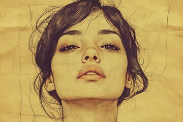 Aufkleber - Intense portrait of a young woman with expressive gaze against a textured yellow background at sunset