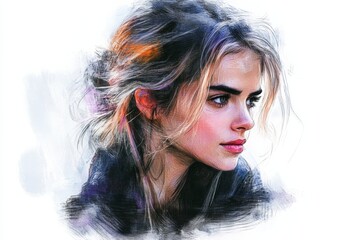 Poster - Portrait of a young woman with long, flowing hair in a soft, artistic style against a light background in an expressive pose