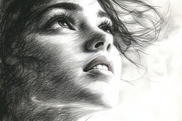 Poster - Captivating portrait of a woman gazing upward with flowing hair in a serene atmosphere