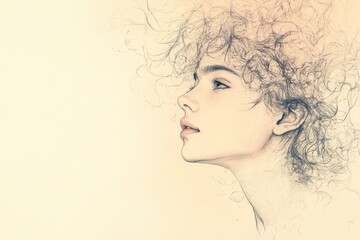 Poster - Young woman with curly hair in profile surrounded by a soft, dreamy atmosphere emphasizing her serene expression and delicate features