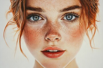 Poster - Captivating close-up portrait of a young woman with striking blue eyes and vibrant red hair