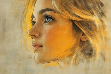 Poster - Portrait of a young woman with striking blue eyes and flowing golden hair, highlighting her serene expression in soft colors