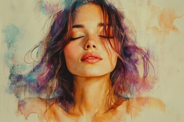 Aufkleber - Vibrant watercolor portrait of a young woman with flowing hair during a serene moment of reflection