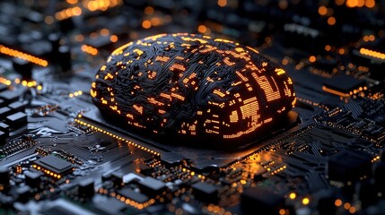 Poster - Futuristic computer circuit board with a glowing brain-like structure, symbolizing advanced technology