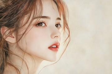 Poster - Portrait of a young woman with natural beauty, soft lighting, and gentle expression captured in a serene setting