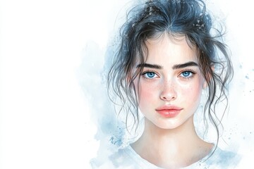 Aufkleber - Portrait of a young woman with blue eyes and wavy hair against a soft watercolor background