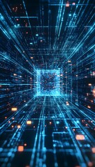 Poster - blue digital lines and glowing particles form square tunnel