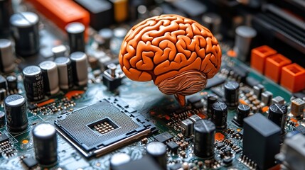 Poster - A vibrant orange brain model placed on a computer motherboard, symbolizing technology and intelligence