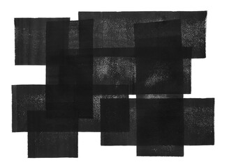Leinwandbilder - Geometric composition made of layered lino ink remains. Black and white artistic text background. Linocut, relief printing paint roller stains, textured transparent rectangles. Linocutting texture