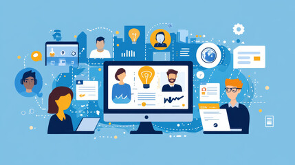 Poster - Crm management business analysis at computer, vector illustration. Digital marketing service strategy and technology for customer. Flat relationship with client, software data banner.