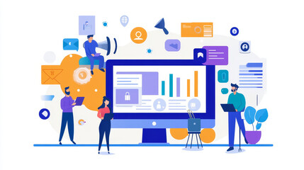 Poster - Crm management business analysis at computer, vector illustration. Digital marketing service strategy and technology for customer. Flat relationship with client, software data banner.