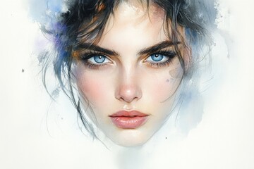 Aufkleber - Stunning portrait of a young woman with captivating blue eyes and soft features in an artistic watercolor style