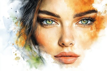 Poster - Young woman with captivating green eyes and soft features surrounded by watercolor splashes creating an artistic effect