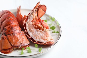 Sticker - Delicious tails of boiled lobsters served on white table, closeup. Space for text