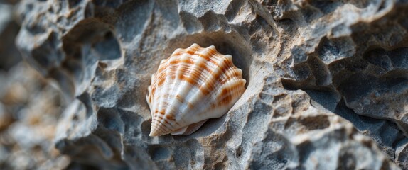 Sticker - Close-up of a striped seashell positioned on textured rocky surface with natural light highlighting its features.